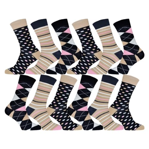 12 Paar Damen Socken | Frauen schwarz karo Baumwolle Strümpfe (DE/NL/SE/PL, Numerisch, 39, 42, Regular, Regular, mehrfarbig 3) von Palleon