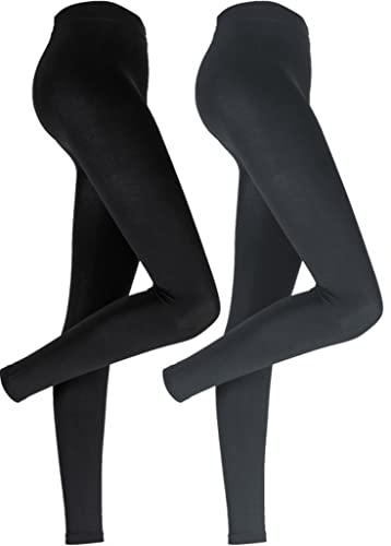 2er Pack Damen Thermo Leggings mit Innenfleece weich | warm | Baumwolle Uni Thermoleggings (as3, Alpha, s, m, Regular, Regular, schwarz + grau, S-M, Regulär) von Palleon