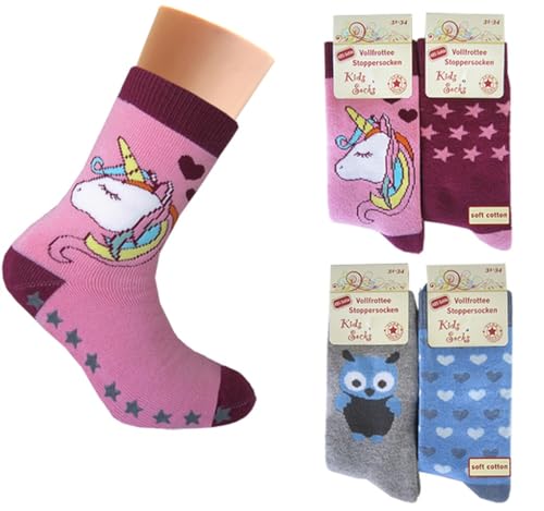 4 Paar Mädchen Thermo Socken mit ABS | Kinder Vollfrottee Strümpfe mehrfarbig 31-34 von Palleon