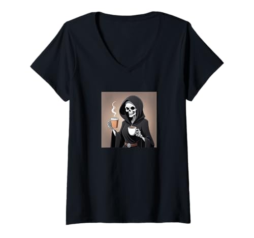 Damen Grim Reaper Drinking Coffee Goth Coffee Accessories T-Shirt mit V-Ausschnitt von Palm Rock