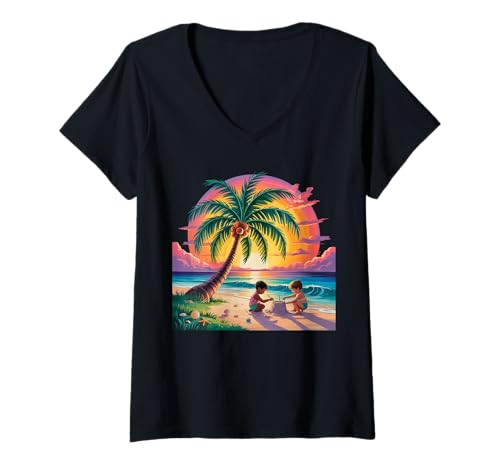 Damen Sunset Summer Herren Tropical Beach Vacation Dress Palm Tree T-Shirt mit V-Ausschnitt Damen Sunset Summer Herren Tropical Beach Vacation Dress Palm Tree T-Shirt mit V-Ausschnitt von Palm Tree Clothes