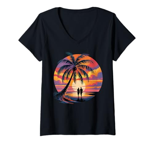 Damen Sunset Summer Herren Tropical Beach Vacation Dress Palm Tree T-Shirt mit V-Ausschnitt Damen Sunset Summer Herren Tropical Beach Vacation Dress Palm Tree T-Shirt mit V-Ausschnitt von Palm Tree Clothes