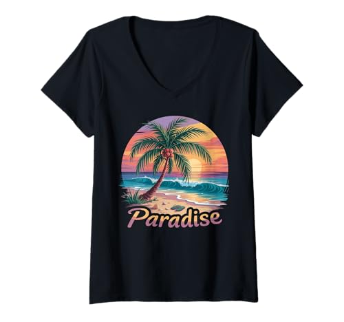 Damen Sunset Summer Herren Tropical Beach Vacation Dress Palm Tree T-Shirt mit V-Ausschnitt Damen Sunset Summer Herren Tropical Beach Vacation Dress Palm Tree T-Shirt mit V-Ausschnitt von Palm Tree Clothes