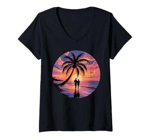 Damen Sunset Summer Herren Tropical Beach Vacation Dress Palm Tree T-Shirt mit V-Ausschnitt Damen Sunset Summer Herren Tropical Beach Vacation Dress Palm Tree T-Shirt mit V-Ausschnitt von Palm Tree Clothes