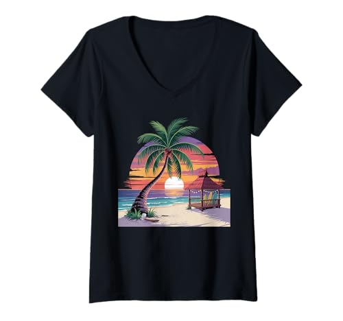 Damen Sunset Summer Herren Tropical Beach Vacation Dress Palm Tree T-Shirt mit V-Ausschnitt Damen Sunset Summer Herren Tropical Beach Vacation Dress Palm Tree T-Shirt mit V-Ausschnitt von Palm Tree Clothes