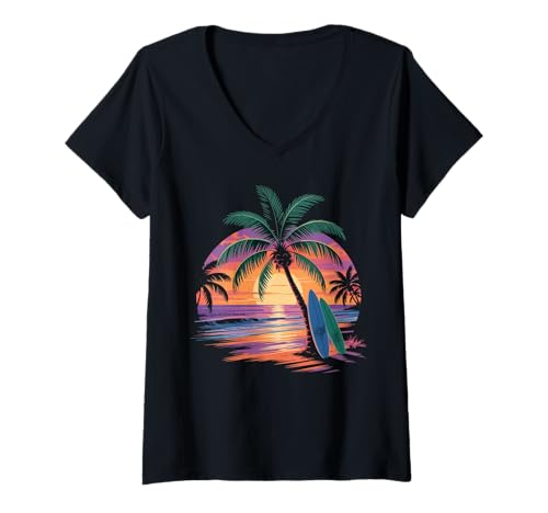 Damen Sunset Summer Herren Tropical Beach Vacation Dress Palm Tree T-Shirt mit V-Ausschnitt Damen Sunset Summer Herren Tropical Beach Vacation Dress Palm Tree T-Shirt mit V-Ausschnitt von Palm Tree Clothes
