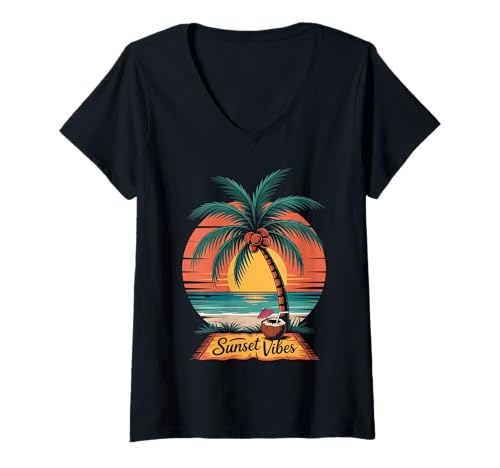 Damen Sunset Summer Herren Tropical Beach Vacation Dress Palm Tree T-Shirt mit V-Ausschnitt Damen Sunset Summer Herren Tropical Beach Vacation Dress Palm Tree T-Shirt mit V-Ausschnitt von Palm Tree Clothes