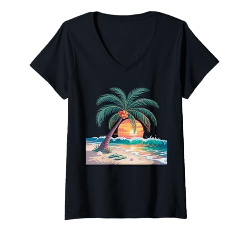 Damen Sunset Summer Herren Tropical Beach Vacation Dress Palm Tree T-Shirt mit V-Ausschnitt Damen Sunset Summer Herren Tropical Beach Vacation Dress Palm Tree T-Shirt mit V-Ausschnitt von Palm Tree Clothes