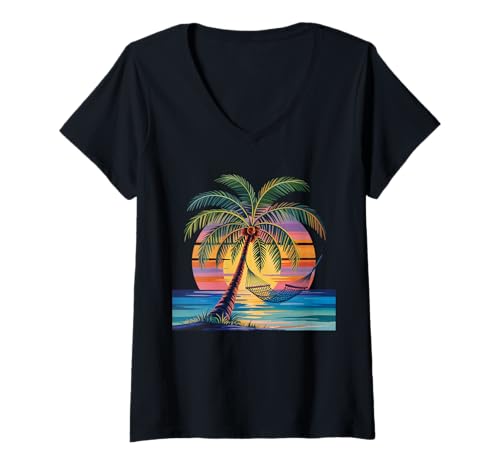 Damen Sunset Summer Herren Tropical Beach Vacation Dress Palm Tree T-Shirt mit V-Ausschnitt Damen Sunset Summer Herren Tropical Beach Vacation Dress Palm Tree T-Shirt mit V-Ausschnitt von Palm Tree Clothes