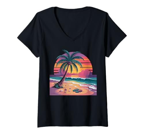 Damen Sunset Summer Herren Tropical Beach Vacation Dress Palm Tree T-Shirt mit V-Ausschnitt Damen Sunset Summer Herren Tropical Beach Vacation Dress Palm Tree T-Shirt mit V-Ausschnitt von Palm Tree Clothes