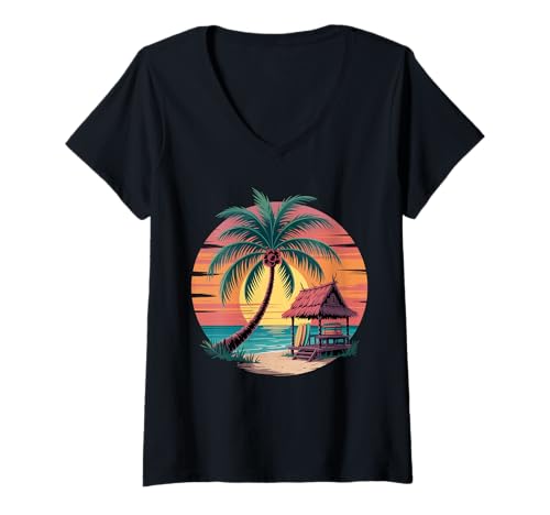 Damen Sunset Summer Herren Tropical Beach Vacation Dress Palm Tree T-Shirt mit V-Ausschnitt Damen Sunset Summer Herren Tropical Beach Vacation Dress Palm Tree T-Shirt mit V-Ausschnitt von Palm Tree Clothes