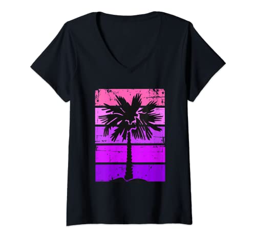 Damen Sunset Palm Tree T-Shirt mit V-Ausschnitt Damen Sunset Palm Tree T-Shirt mit V-Ausschnitt von Palm Tree Retro Sunset Vintage Geschenkideen