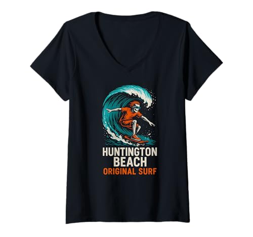 Damen Huntington Beach Original Surf Vintage Herren Beach Life T-Shirt mit V-Ausschnitt von Palm Trees Surfs Up Skateboarding Beach Apparel