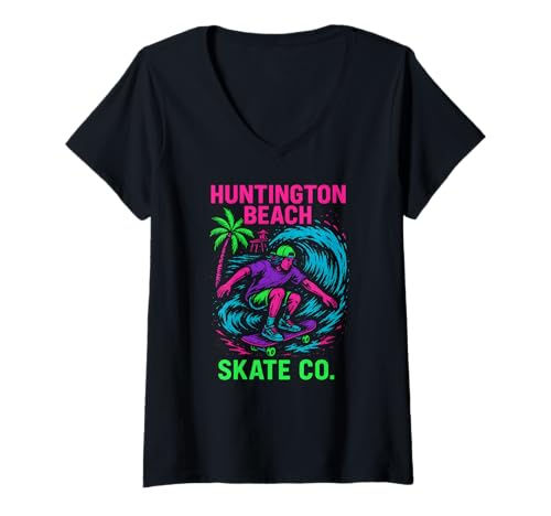 Damen Huntington Beach Skate Co Vintage Herren Surfs Up T-Shirt mit V-Ausschnitt von Palm Trees Surfs Up Skateboarding Beach Apparel