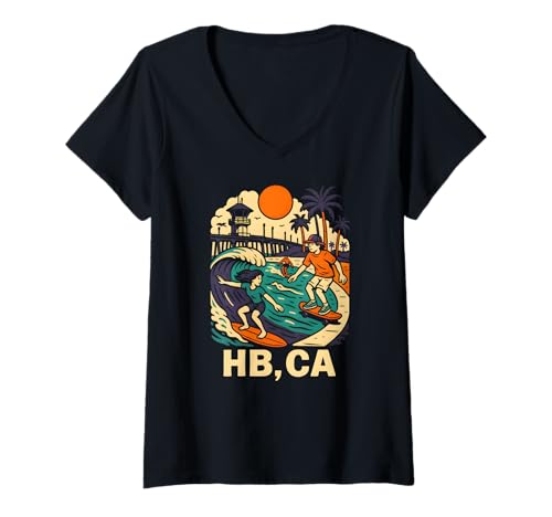 Damen Huntington Beach Surfing HB CA Vintage Herren Surfs Up T-Shirt mit V-Ausschnitt von Palm Trees Surfs Up Skateboarding Beach Apparel