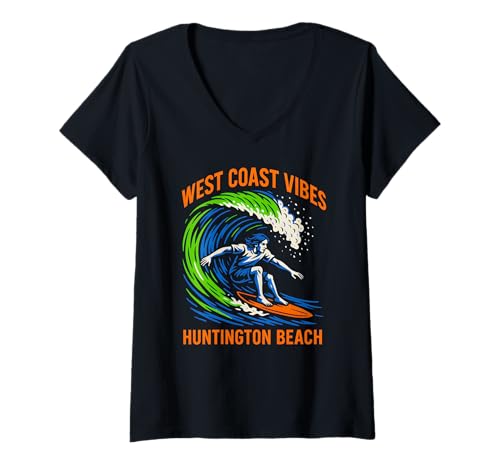 Damen Huntington Beach West Coast Vibes Vintage Herren Surfs Up T-Shirt mit V-Ausschnitt von Palm Trees Surfs Up Skateboarding Beach Apparel