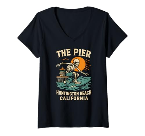 Damen Skateboarden Huntington Beach The Pier Cooles Strandleben für Herren T-Shirt mit V-Ausschnitt Damen Skateboarden Huntington Beach The Pier Cooles Strandleben für Herren T-Shirt mit V-Ausschnitt von Palm Trees Surfs Up Skateboarding Beach Apparel