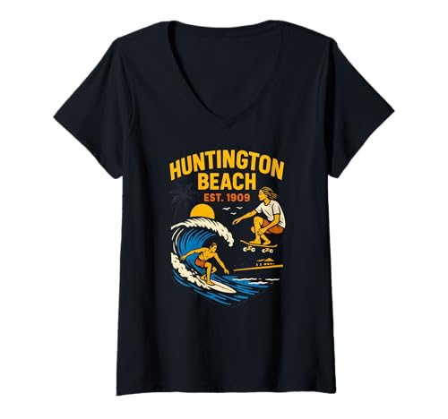 Damen Surfer Huntington Beach Est 1909 Vintage Herren Surfs Up T-Shirt mit V-Ausschnitt von Palm Trees Surfs Up Skateboarding Beach Apparel