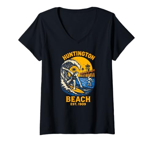 Damen Surfer Huntington Beach Est 1909 Vintage Herren Surfs Up T-Shirt mit V-Ausschnitt von Palm Trees Surfs Up Skateboarding Beach Apparel