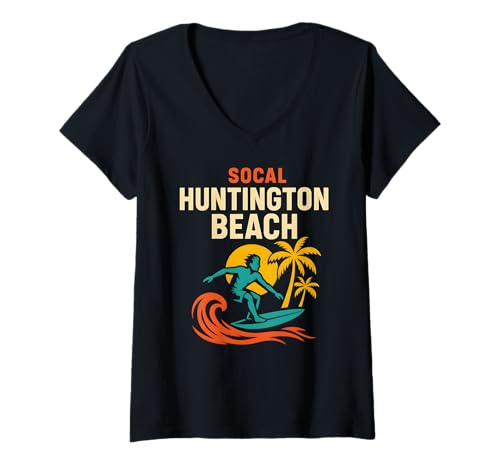 Damen Surfer SoCal Huntington Beach Vintage Herren Beach Life T-Shirt mit V-Ausschnitt von Palm Trees Surfs Up Skateboarding Beach Apparel