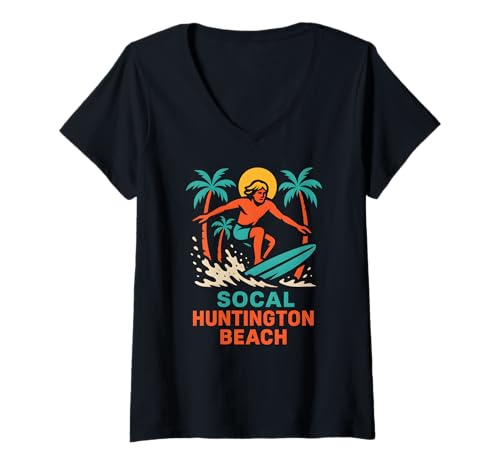 Damen Surfer SoCal Huntington Beach Vintage Herren Beach Life T-Shirt mit V-Ausschnitt von Palm Trees Surfs Up Skateboarding Beach Apparel