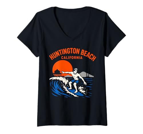 Damen Surfs Up Huntington Beach California Retro Herren Beach Life T-Shirt mit V-Ausschnitt von Palm Trees Surfs Up Skateboarding Beach Apparel