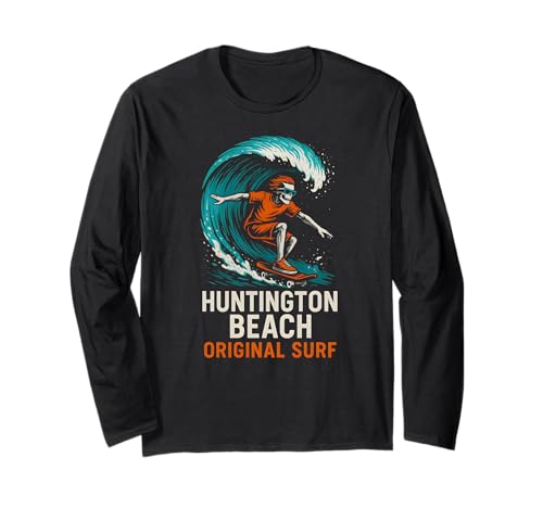 Huntington Beach Original Surf Vintage Herren Beach Life Langarmshirt Huntington Beach Original Surf Vintage Herren Beach Life Langarmshirt von Palm Trees Surfs Up Skateboarding Beach Apparel