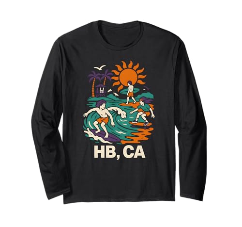 Huntington Beach Surfing HB CA Vintage Herren Surfs Up Langarmshirt von Palm Trees Surfs Up Skateboarding Beach Apparel