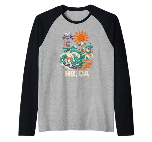 Huntington Beach Surfing HB CA Vintage Herren Surfs Up Raglan von Palm Trees Surfs Up Skateboarding Beach Apparel