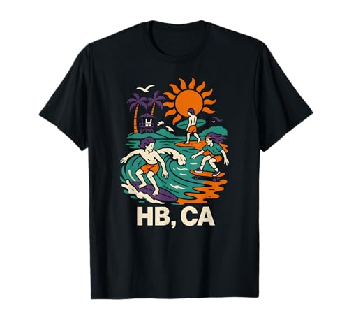 Huntington Beach Surfing HB CA Vintage Herren Surfs Up T-Shirt von Palm Trees Surfs Up Skateboarding Beach Apparel