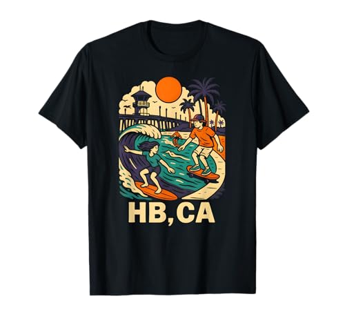 Huntington Beach Surfing HB CA Vintage Herren Surfs Up T-Shirt von Palm Trees Surfs Up Skateboarding Beach Apparel