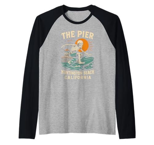Skateboarden Huntington Beach The Pier Cooles Strandleben für Herren Raglan von Palm Trees Surfs Up Skateboarding Beach Apparel