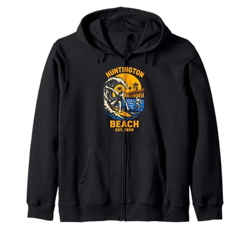 Surfer Huntington Beach Est 1909 Vintage Herren Surfs Up Kapuzenjacke Surfer Huntington Beach Est 1909 Vintage Herren Surfs Up Kapuzenjacke von Palm Trees Surfs Up Skateboarding Beach Apparel