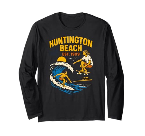 Surfer Huntington Beach Est 1909 Vintage Herren Surfs Up Langarmshirt Surfer Huntington Beach Est 1909 Vintage Herren Surfs Up Langarmshirt von Palm Trees Surfs Up Skateboarding Beach Apparel