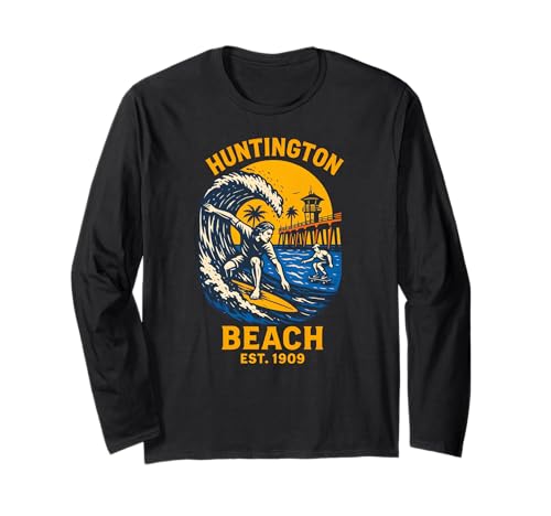Surfer Huntington Beach Est 1909 Vintage Herren Surfs Up Langarmshirt Surfer Huntington Beach Est 1909 Vintage Herren Surfs Up Langarmshirt von Palm Trees Surfs Up Skateboarding Beach Apparel