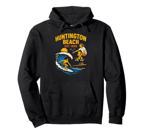 Surfer Huntington Beach Est 1909 Vintage Herren Surfs Up Pullover Hoodie Surfer Huntington Beach Est 1909 Vintage Herren Surfs Up Pullover Hoodie von Palm Trees Surfs Up Skateboarding Beach Apparel