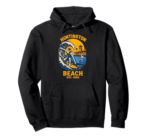 Surfer Huntington Beach Est 1909 Vintage Herren Surfs Up Pullover Hoodie Surfer Huntington Beach Est 1909 Vintage Herren Surfs Up Pullover Hoodie von Palm Trees Surfs Up Skateboarding Beach Apparel