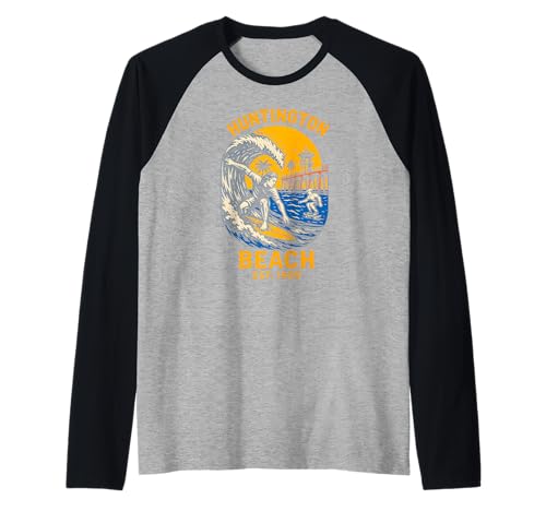 Surfer Huntington Beach Est 1909 Vintage Herren Surfs Up Raglan von Palm Trees Surfs Up Skateboarding Beach Apparel
