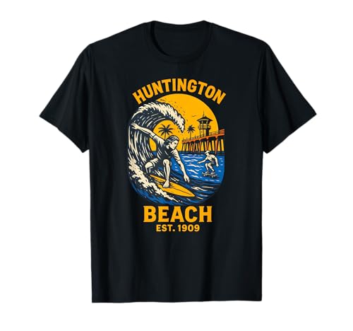Surfer Huntington Beach Est 1909 Vintage Herren Surfs Up T-Shirt von Palm Trees Surfs Up Skateboarding Beach Apparel