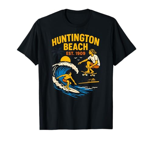 Surfer Huntington Beach Est 1909 Vintage Herren Surfs Up T-Shirt von Palm Trees Surfs Up Skateboarding Beach Apparel