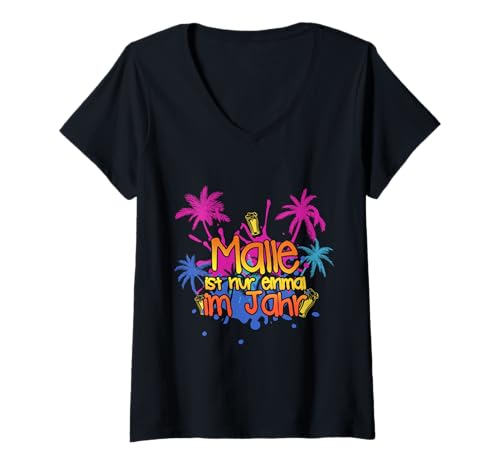 Damen Malle Strandurlaub T-Shirt 2024 Good Vibes SONNE !!! T-Shirt mit V-Ausschnitt von Palma de Mallorca 2024 Sommer Shirts