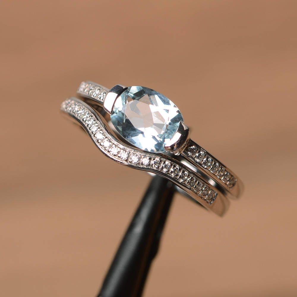 Aquamarin Braut Ring März Geburtsstein Ovalschliff Sterlingsilber-Verlobungsring Mit Ehering von PalmaryJewelry