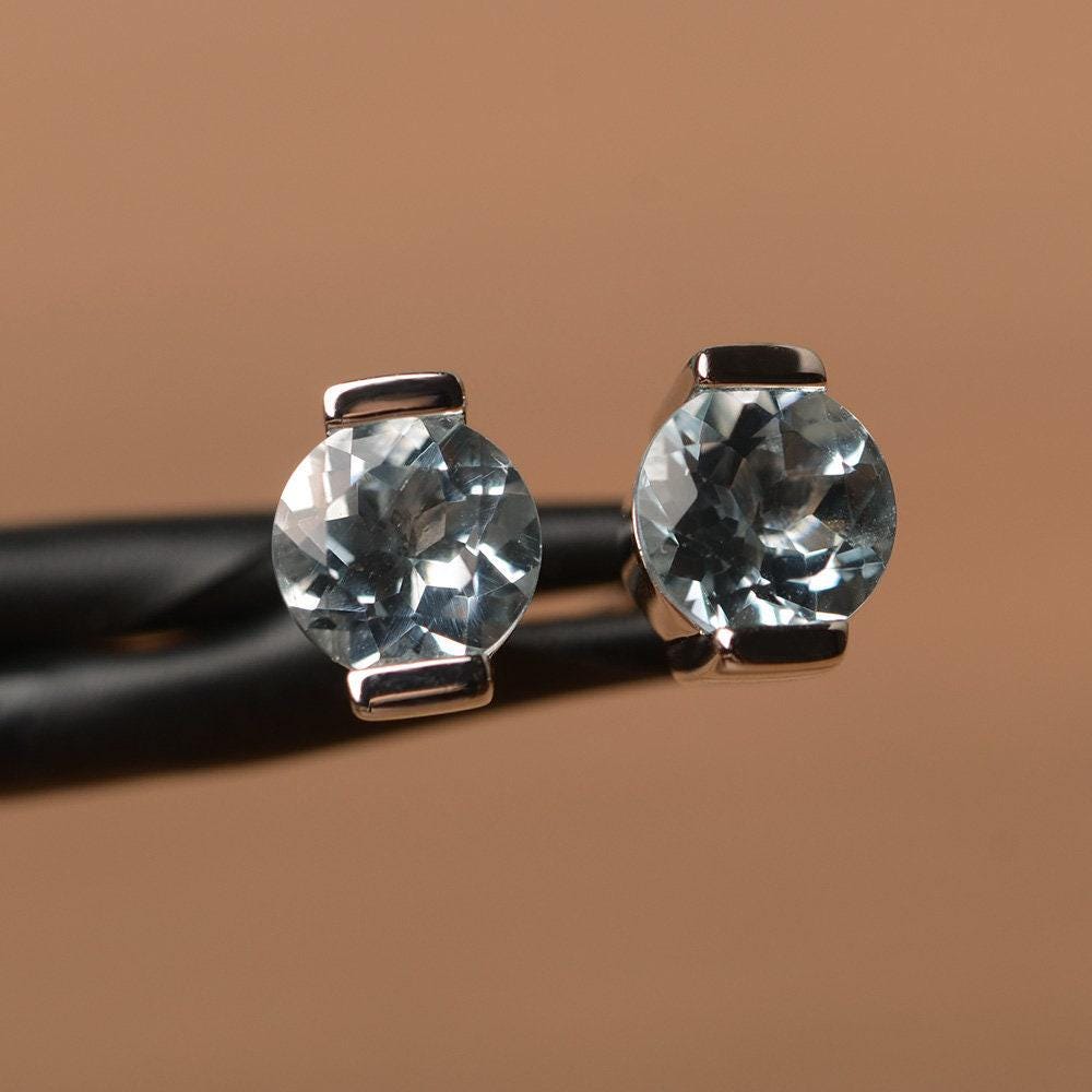 Aquamarin Ohrstecker März Geburtsstein Ohrring Elegante Silberschmuck Für Dame von PalmaryJewelry