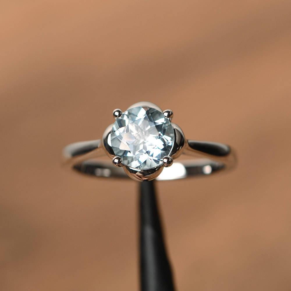 Aquamarin Ring Aus Sterlingsilber März Geburtsstein Rundschliff Solitärring von PalmaryJewelry