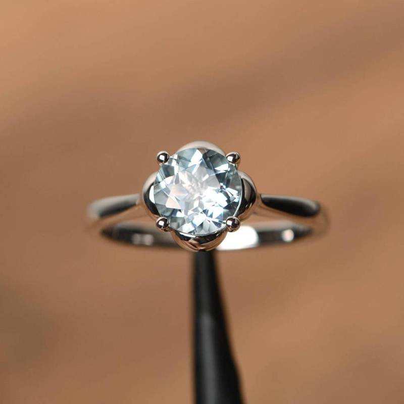 Aquamarin Ring Aus Sterlingsilber März Geburtsstein Rundschliff Solitärring von PalmaryJewelry