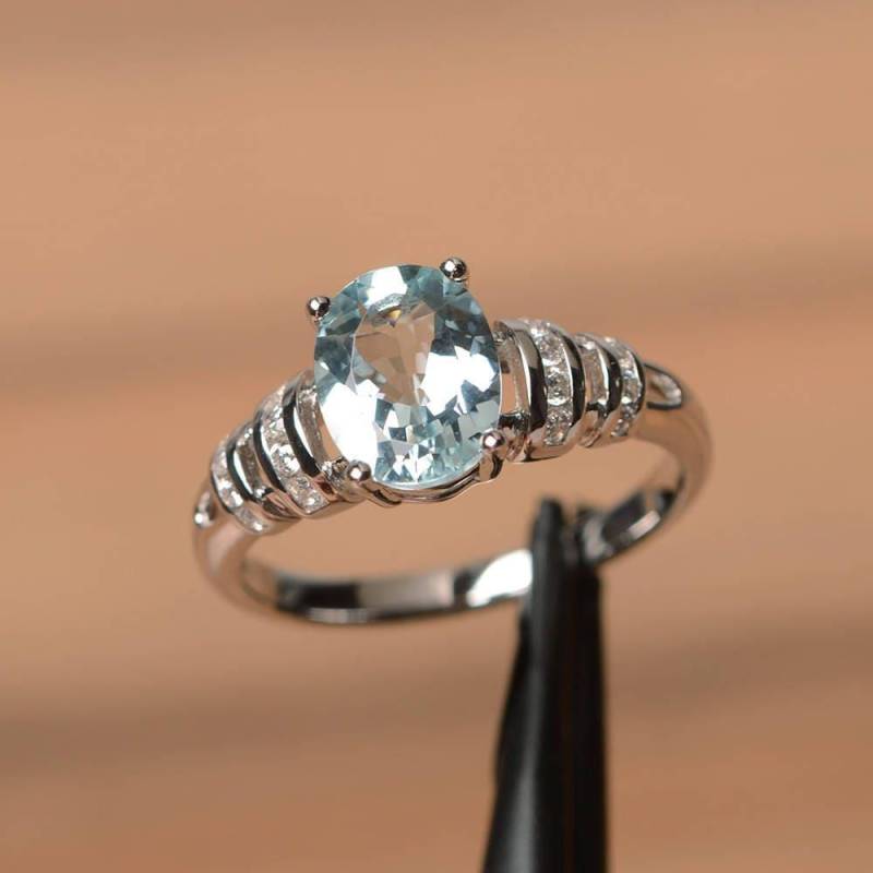 Aquamarin Ring März Edelstein Blaue Edelsteine Ovale Geschliffene Sterling Silber Jubiläum von PalmaryJewelry
