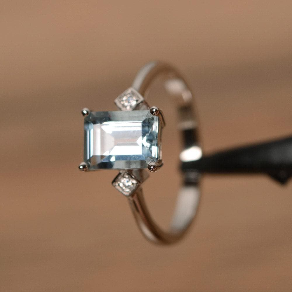 Aquamarin Ring März Geburtsstein Sterling Silber Verlobungsring Smaragdschliff Natürlichen Edelstein Versprechensring von PalmaryJewelry
