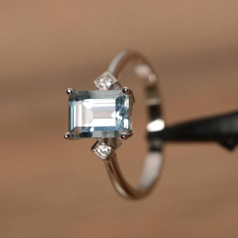 Aquamarin Ring März Geburtsstein Sterling Silber Verlobungsring Smaragdschliff Natürlichen Edelstein Versprechensring von PalmaryJewelry