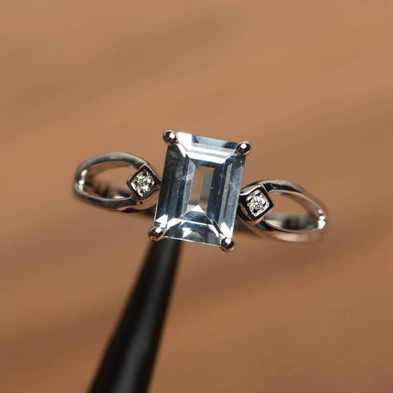 Aquamarin Ring Smaragdschliff März Geburtsstein Edelstein Sterling Silber Ehering von PalmaryJewelry