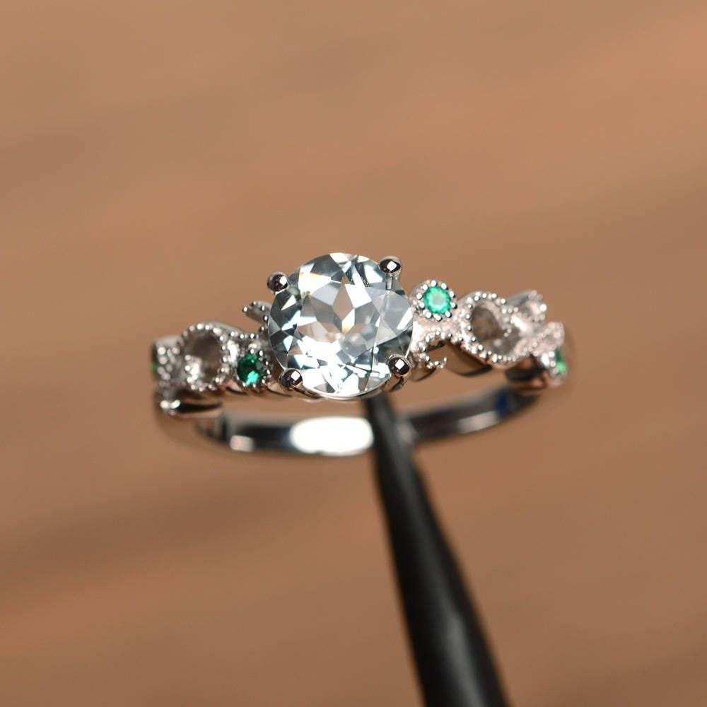 Aquamarin Ring Sterling Silber Vintage Verlobungsring März Geburtsstein Rundschliff Edelstein von PalmaryJewelry